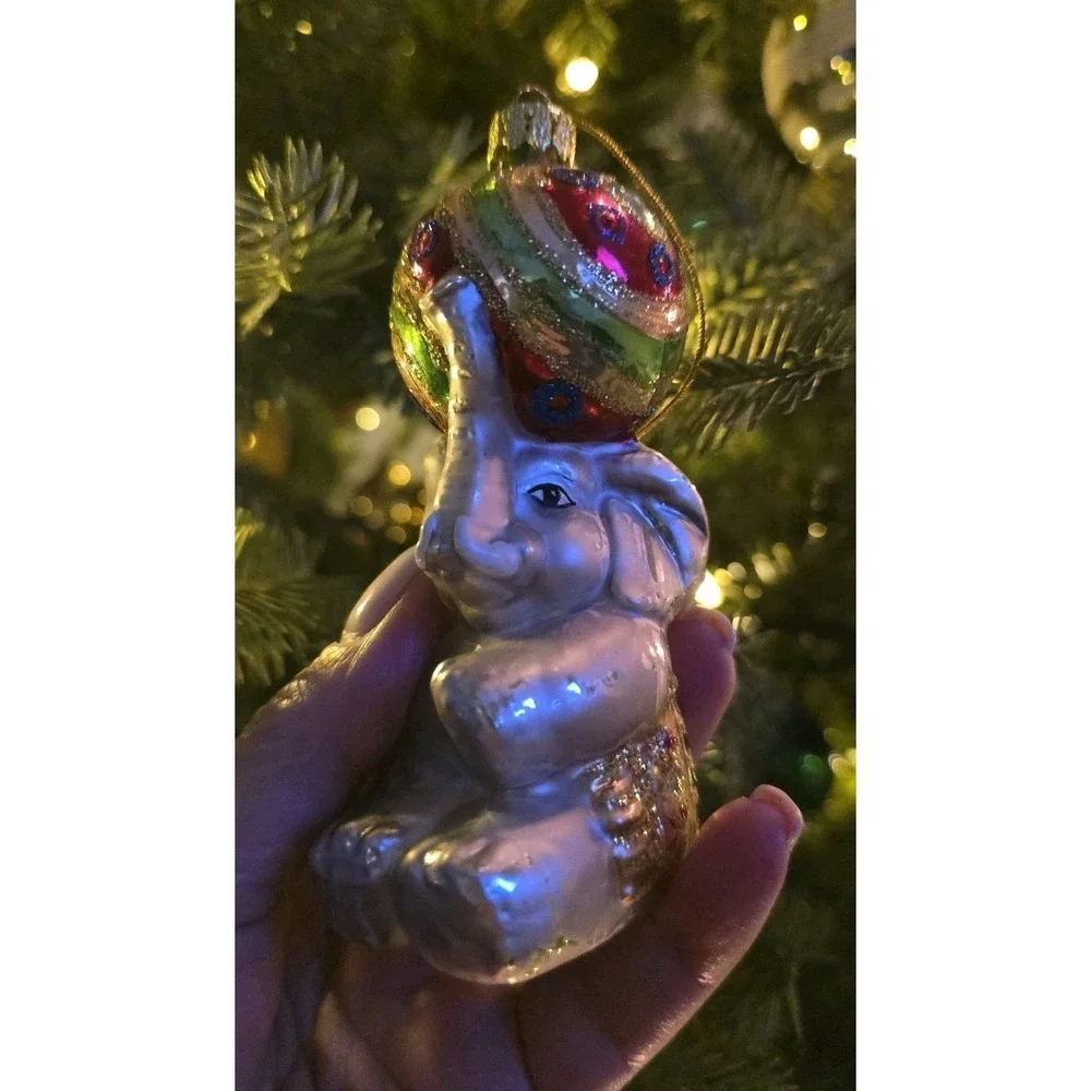 VTG‎ Lot Of 2 Christmas Glass Ornament Elephant Circus Style Ball Hat